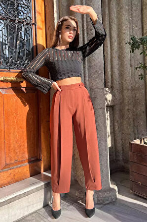 Yüksek Bel Pileli Kadın Bol Kesim Kumaş Pantolon