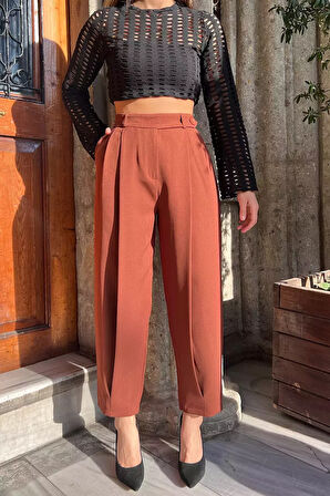 Yüksek Bel Pileli Kadın Bol Kesim Kumaş Pantolon