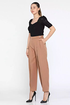 Yüksek Bel Pileli Kadın Bol Kesim Kumaş Pantolon