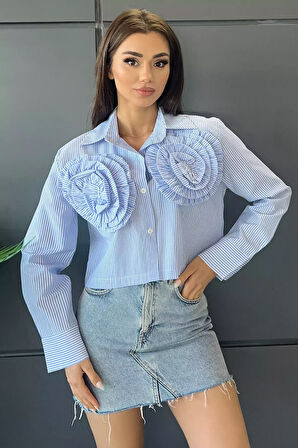 Gül Motifli Çizgi Desen Kadın Gömlek