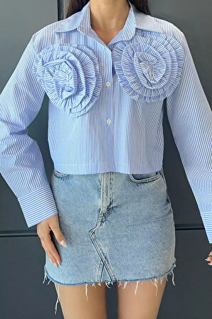 Gül Motifli Çizgi Desen Kadın Gömlek