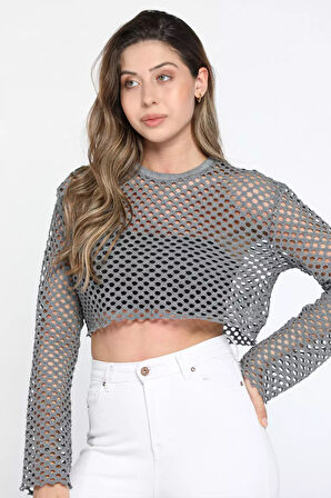 Bisiklet Yaka Ajurlu Crop Top File Bluz