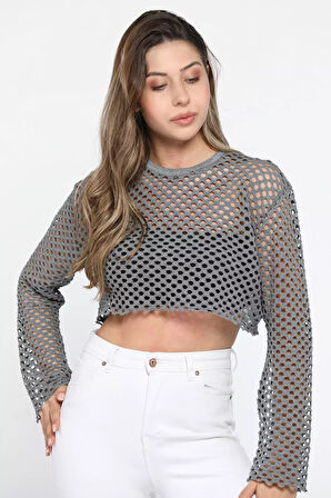 Bisiklet Yaka Ajurlu Crop Top File Bluz