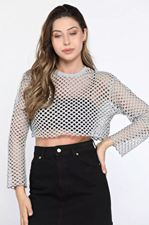 Bisiklet Yaka Ajurlu Crop Top File Bluz