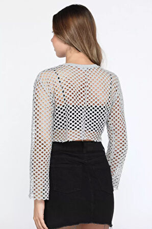 Bisiklet Yaka Ajurlu Crop Top File Bluz