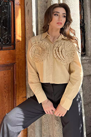 Çiçekli Keten Crop Top Gömlek