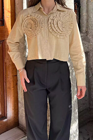 Çiçekli Keten Crop Top Gömlek