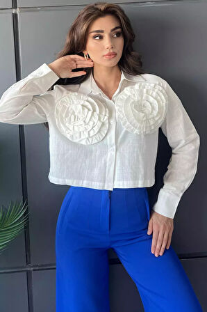 Çiçekli Keten Crop Top Gömlek
