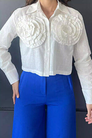 Çiçekli Keten Crop Top Gömlek