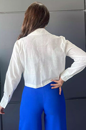 Çiçekli Keten Crop Top Gömlek