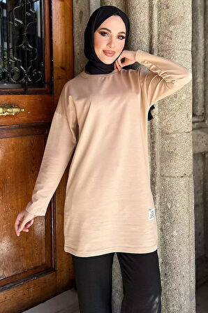 Yaka Ribanalı Etiket Detaylı Uzun Kol Kadın Tunik