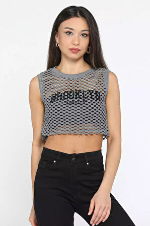 Bisiklet Yaka Baskılı Ajurlu Kadın Crop Top Süveter
