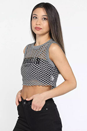 Bisiklet Yaka Baskılı Ajurlu Kadın Crop Top Süveter