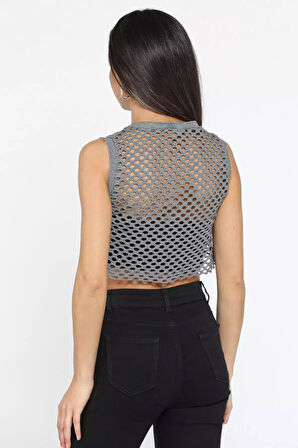 Bisiklet Yaka Baskılı Ajurlu Kadın Crop Top Süveter