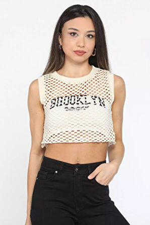 Bisiklet Yaka Baskılı Ajurlu Kadın Crop Top Süveter