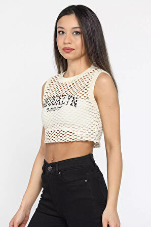 Bisiklet Yaka Baskılı Ajurlu Kadın Crop Top Süveter