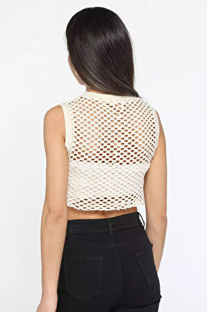 Bisiklet Yaka Baskılı Ajurlu Kadın Crop Top Süveter