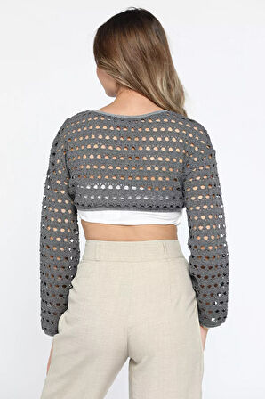 Bisiklet Yaka Ajurlu Uzun Kol Crop Top Triko Bluz