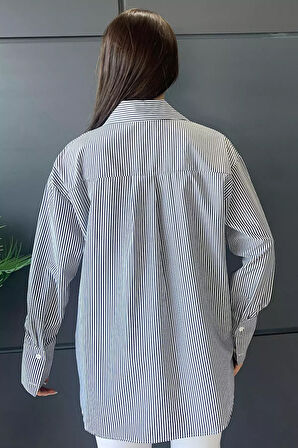 Yaka Taş Detaylı Çizgi Desenli Kadın Gömlek