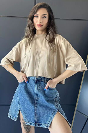 Bisiklet Yaka Taş İşlemeli Oversize Crop Top Bluz