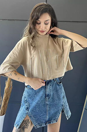 Bisiklet Yaka Taş İşlemeli Oversize Crop Top Bluz