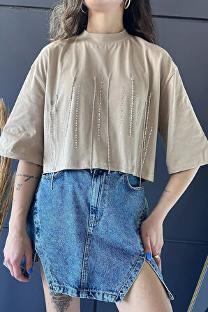 Bisiklet Yaka Taş İşlemeli Oversize Crop Top Bluz