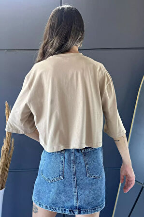 Bisiklet Yaka Taş İşlemeli Oversize Crop Top Bluz