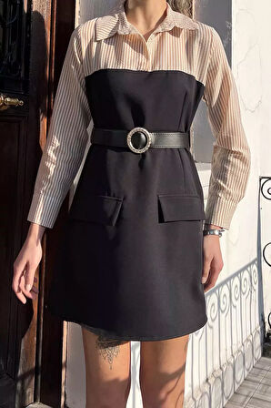 Gömlek Yaka Sahte Cep Detaylı Kemerli Elbise