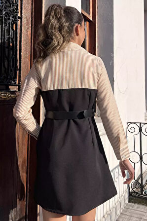 Gömlek Yaka Sahte Cep Detaylı Kemerli Elbise