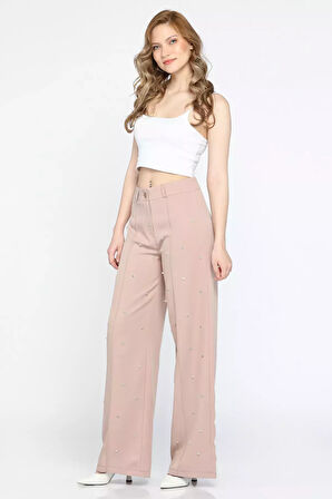 Yüksek Bel Taşlı Çimalı Kadın Palazzo Pantolon