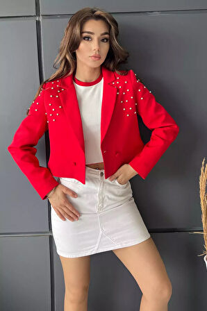 Ön Düğme Detaylı Taş İşlemeli Kadın Kısa Blazer Ceket