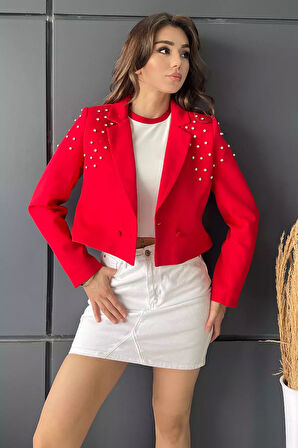 Ön Düğme Detaylı Taş İşlemeli Kadın Kısa Blazer Ceket
