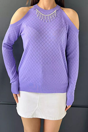 Omuz Dekolteli Bisiklet Yaka Taşlı Kadın Triko Bluz