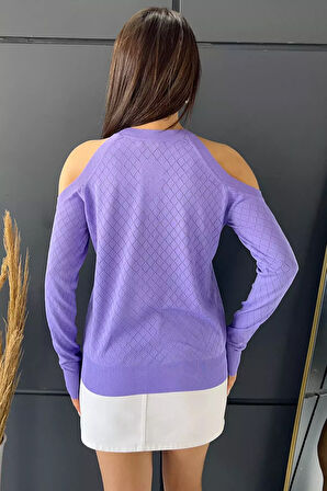 Omuz Dekolteli Bisiklet Yaka Taşlı Kadın Triko Bluz