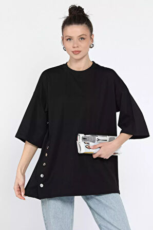 Yan Çıtçıtlı Oversize Tişört ( S-m-l-xl Uyumludur)