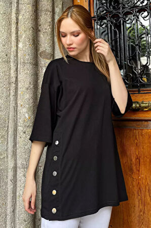 Yan Çıtçıtlı Oversize Tişört ( S-m-l-xl Uyumludur)
