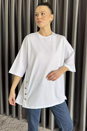 Yan Çıtçıtlı Oversize Tişört ( S-m-l-xl Uyumludur)