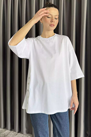 Yan Çıtçıtlı Oversize Tişört ( S-m-l-xl Uyumludur)