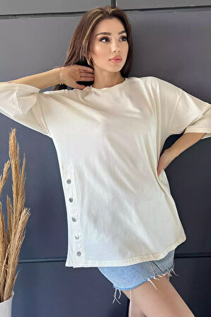 Yan Çıtçıtlı Oversize Tişört ( S-m-l-xl Uyumludur)