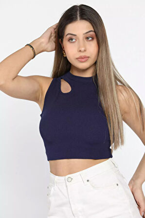 Ön Pencereli Bisiklet Yaka Kadın Kaşkorse Crop Top Bluz