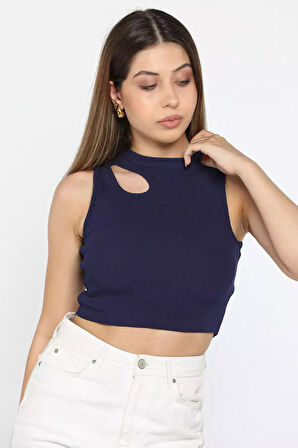 Ön Pencereli Bisiklet Yaka Kadın Kaşkorse Crop Top Bluz