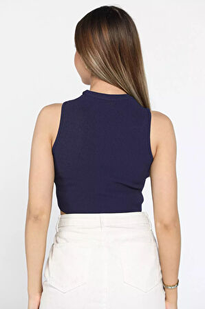 Ön Pencereli Bisiklet Yaka Kadın Kaşkorse Crop Top Bluz