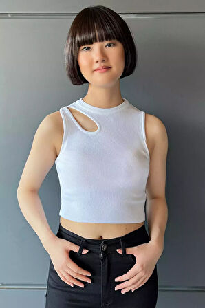 Ön Pencereli Bisiklet Yaka Kadın Kaşkorse Crop Top Bluz