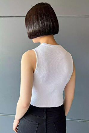 Ön Pencereli Bisiklet Yaka Kadın Kaşkorse Crop Top Bluz
