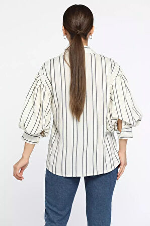Balon Kol Çizgi Desenli Kadın Salaş Keten Gömlek