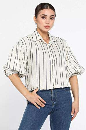 Balon Kol Çizgi Desenli Kadın Salaş Keten Gömlek