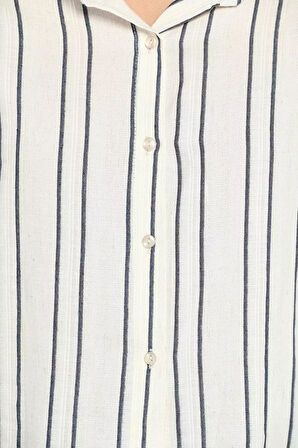 Balon Kol Çizgi Desenli Kadın Salaş Keten Gömlek