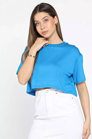 Bisiklet Yaka Oversize Basic Crop Top Tişört
