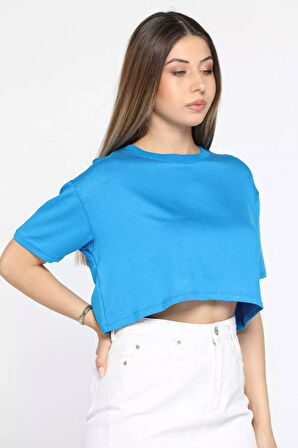 Bisiklet Yaka Oversize Basic Crop Top Tişört