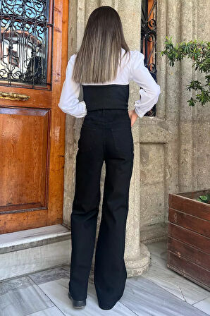 Bel Lastikli Yüksek Bel Kadın Bol Paça Palazzo Jean Kot Pantolon